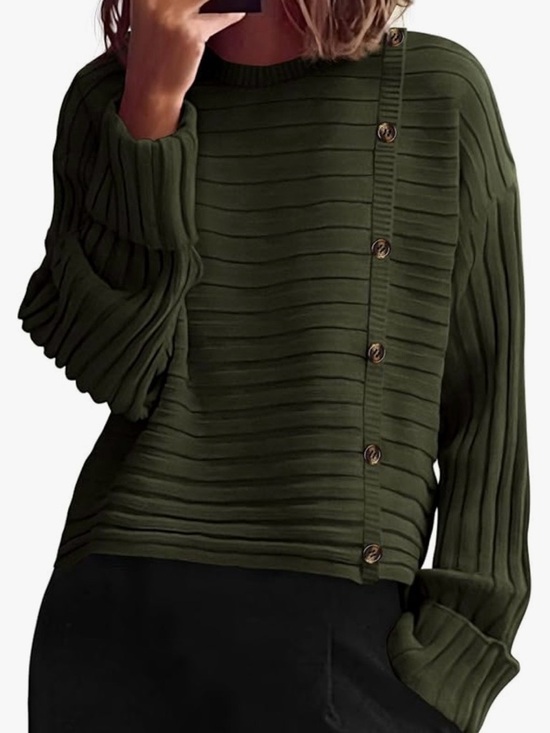 PrettyGarden Sweaters - Olive Green Ribbed Button-Accent Women's Sweater